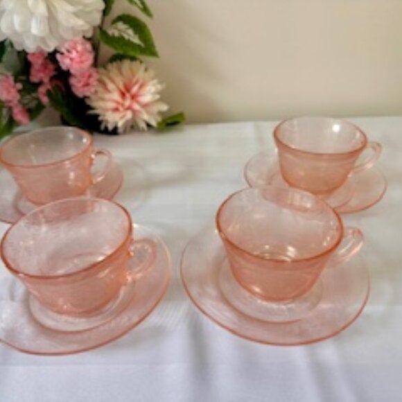 Macbeth-Evans Dogwood Pink Depression Glass Teacups and Saucers‎ Set Vintage - Picture 3 of 6